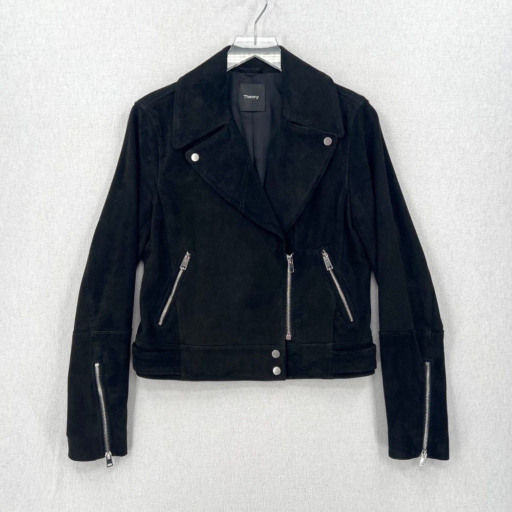 THEORY Suede Moto Jacket Womens Medium Black Downtown Biker Capsule Minimalist